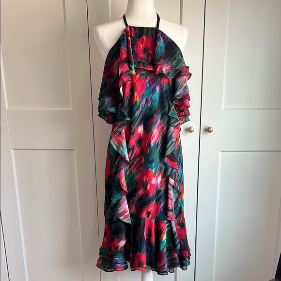 Jason Wu Collective Multicolor Blurred Floral Halter Neck Ruffle Dress | 10 - Picture 2 of 4